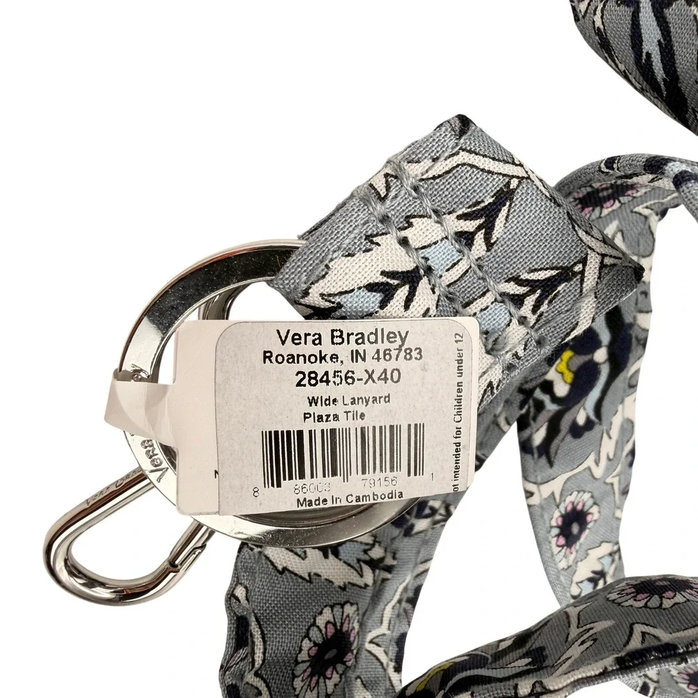 Vera Bradley Wide Lanyard Plaza Tile Blue Floral ID Keychain Office Teacher Gift